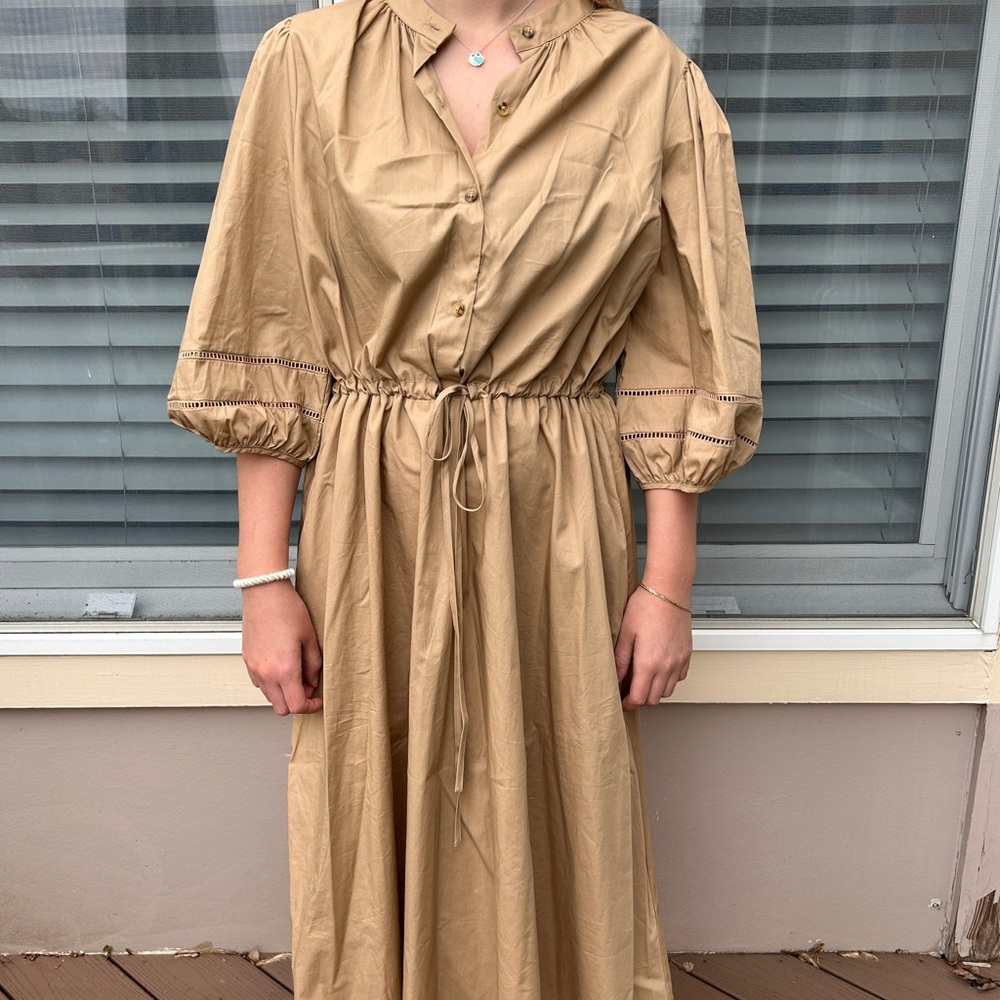 Who What Wear Tan Smocked 3/4 Sleeve Dress